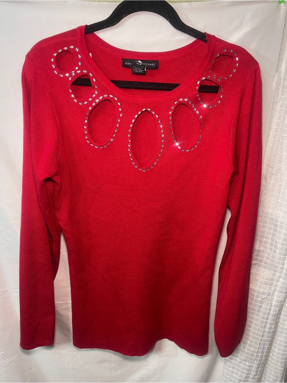 Anne Klein Red Long Sleeve Top with Crystal Cutout Neckline